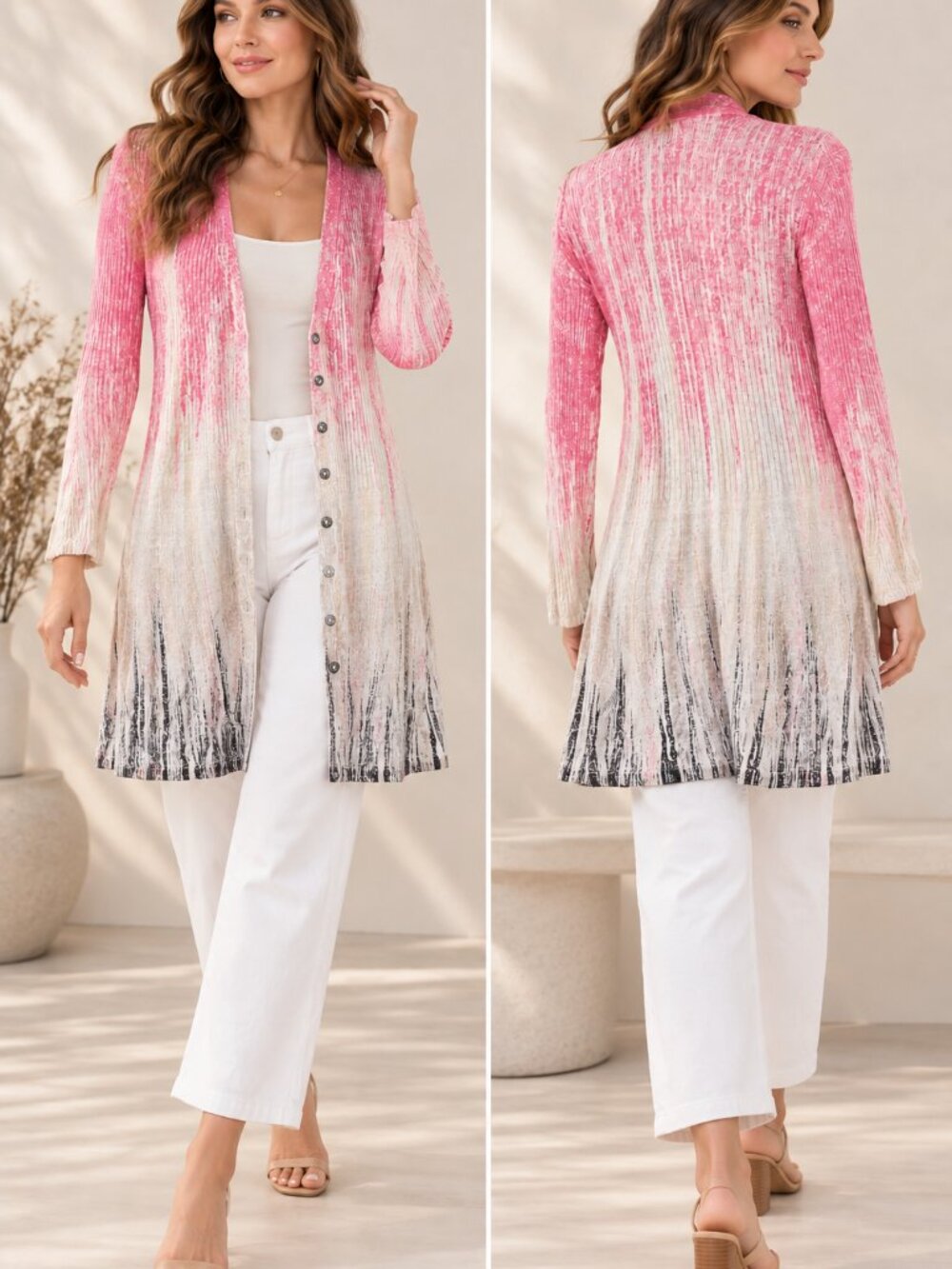 NIC+ZOE Pink Ombre Longline Button Front Cardigan Small